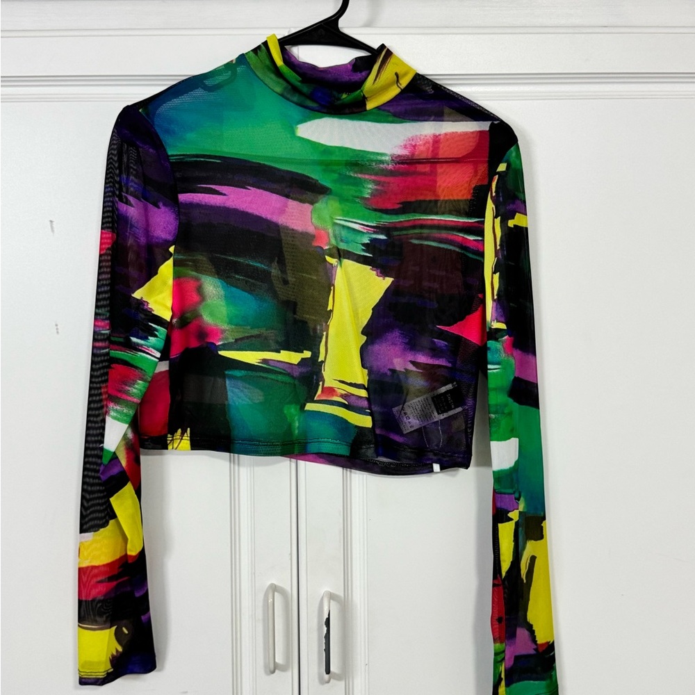 Abstract long sleeve mesh top